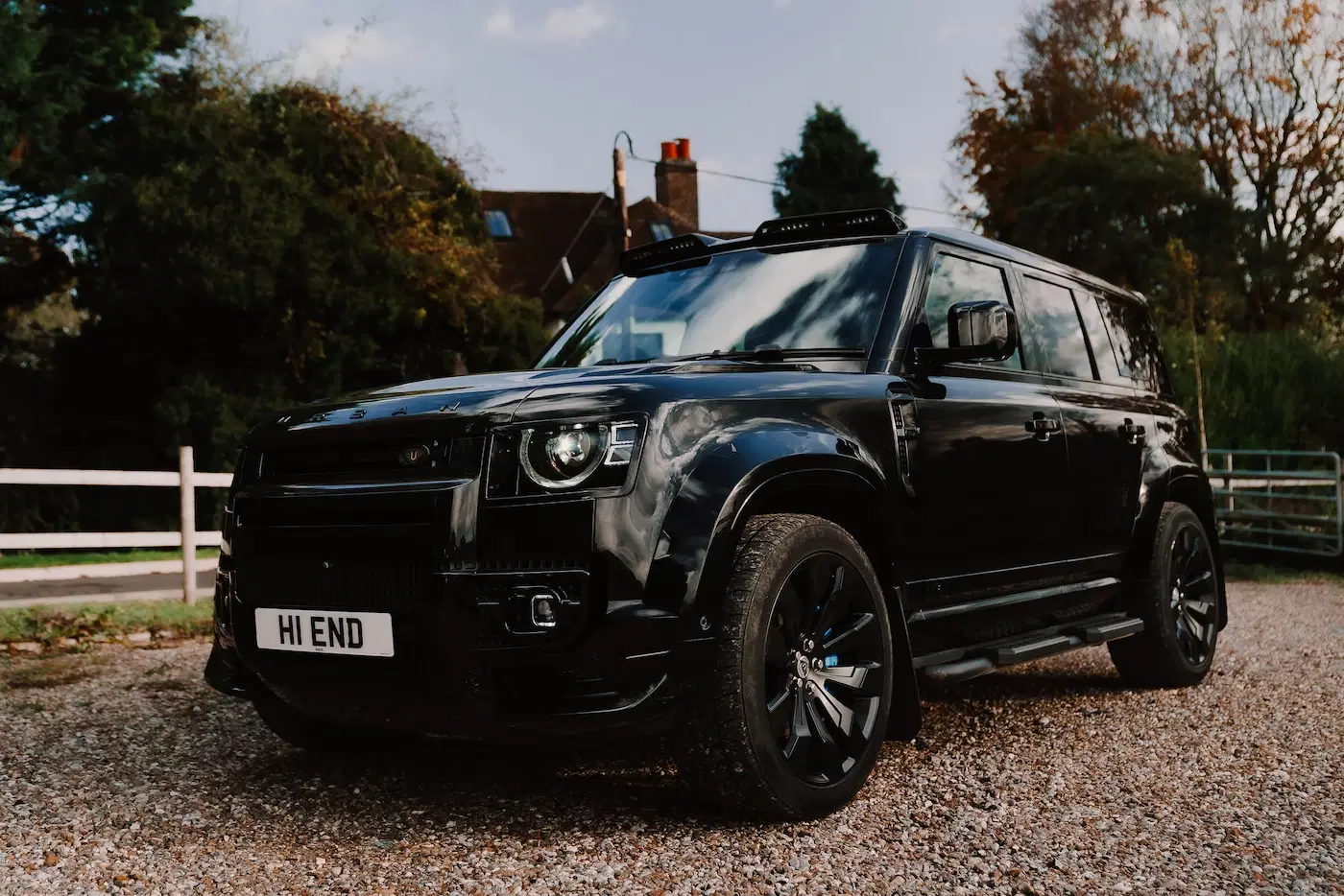 Front of Land Rover Defender 110 available for self-drive hire and chauffeur driven hire in Hertfordshire