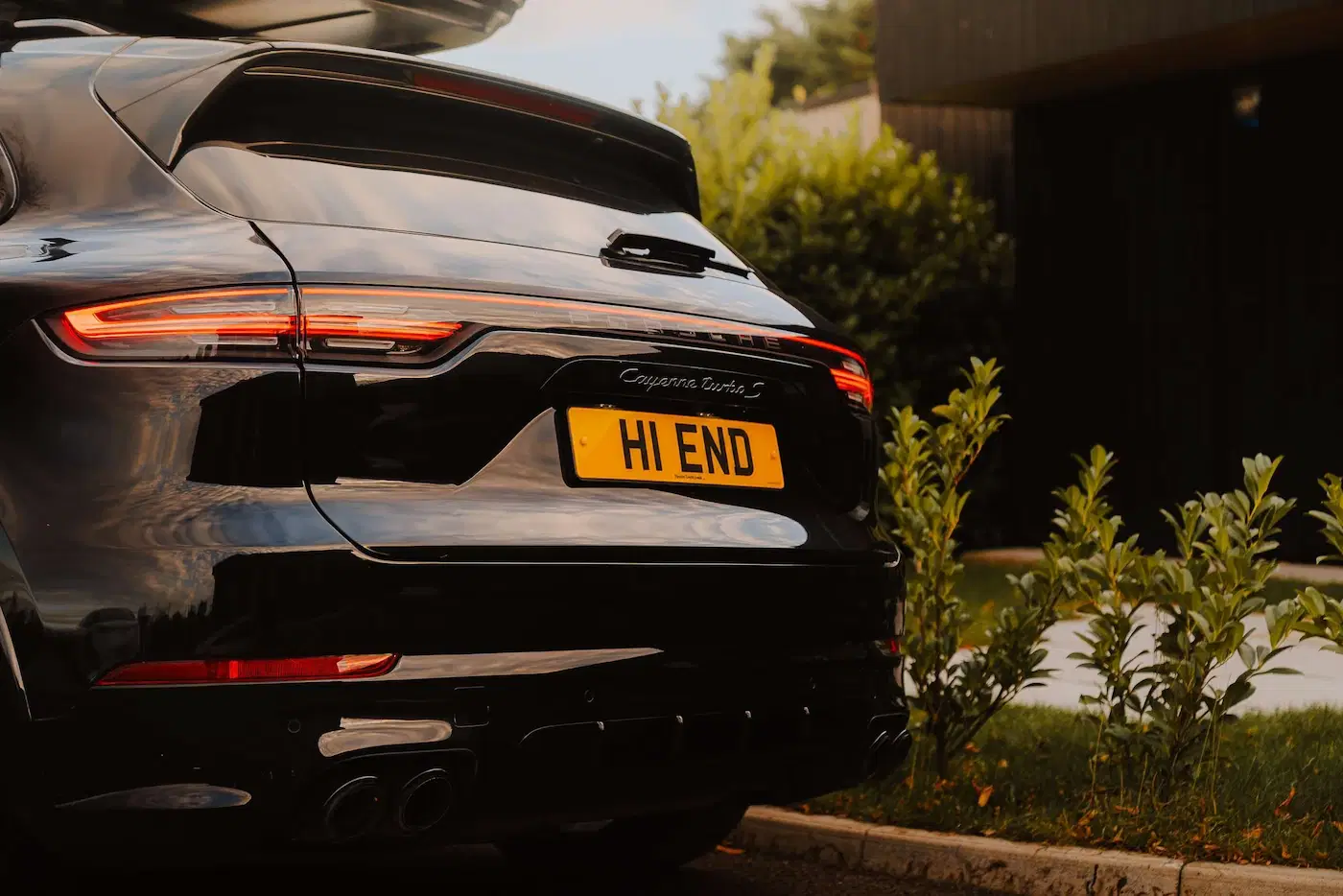 Close up of Rear of Porsche Cayenne Turbo S Hybrid available for self-drive hire and chauffeur driven hire in London