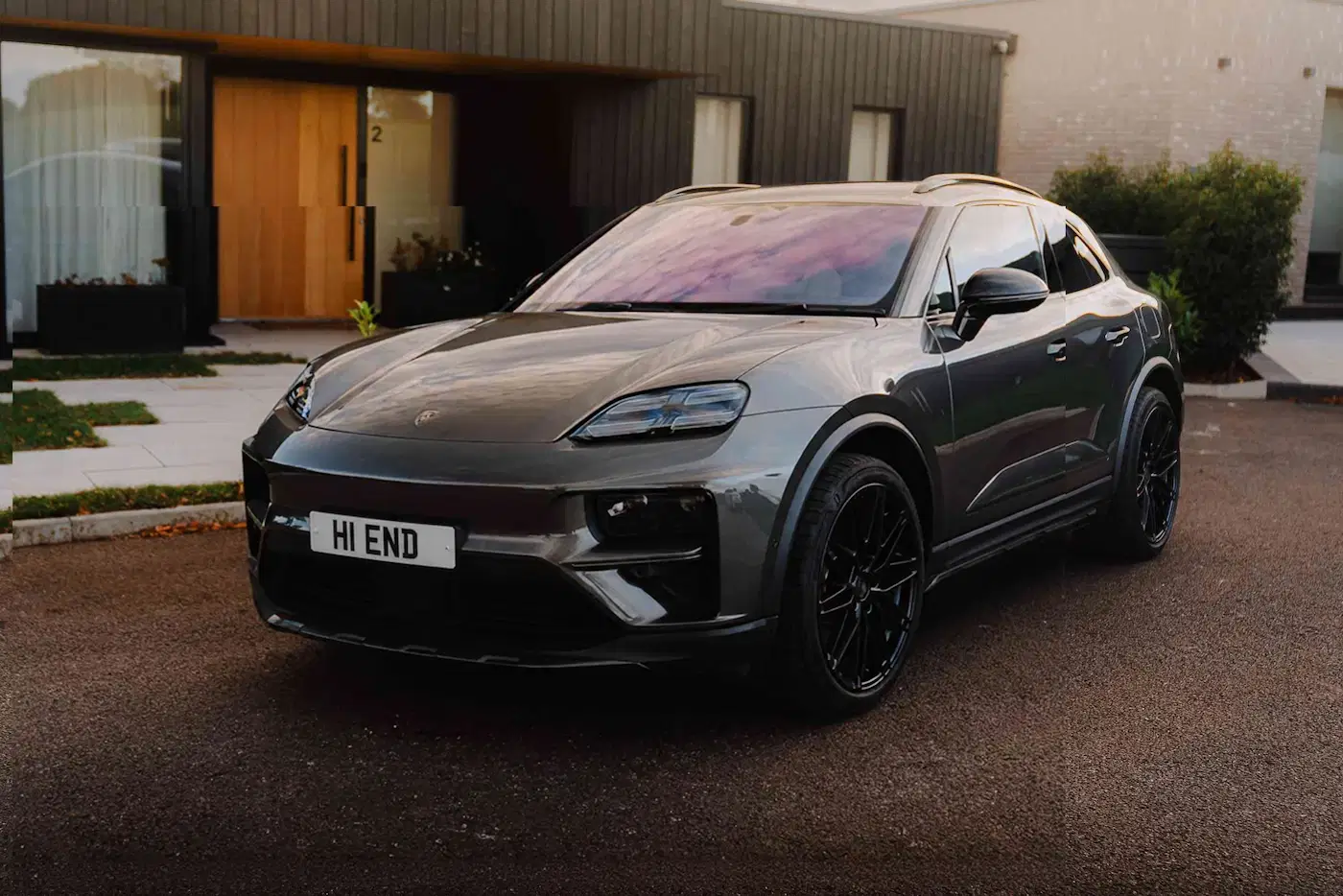 Front of Porsche Macan Turbo EV available for self-drive hire and chauffeur driven hire in Buckinghamshire