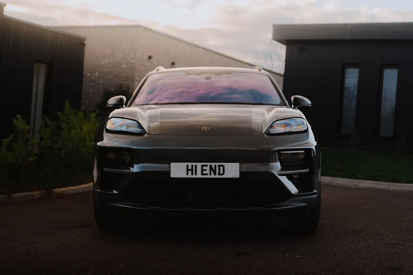 Front of Porsche Macan Turbo EV available for self-drive hire and chauffeur driven hire in London