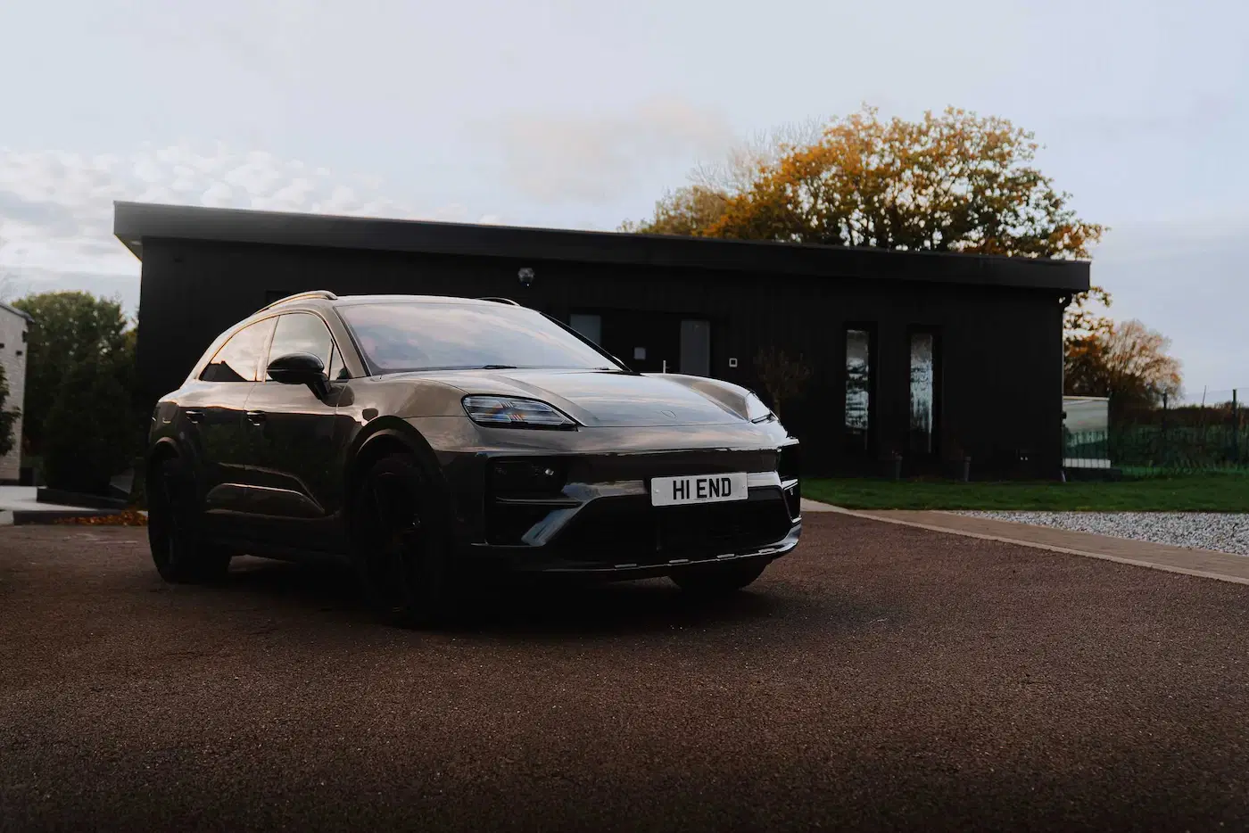 Front of Porsche Macan Turbo EV available for self-drive hire and chauffeur driven hire in Hertfordshire